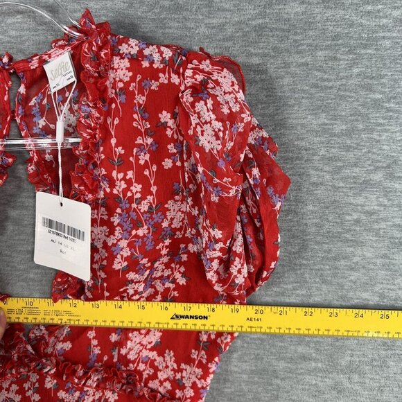 Selfie XL NWT Floral Open Back Ruffle Chiffon Dress Red Long Sleeve Deep V Neck - Picture 12 of 16